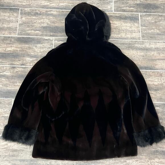 Nuage Dark Brown Black Faux Fur Hooded Coat w/ Trim Diamond Pattern Y2K - Picture 9 of 16